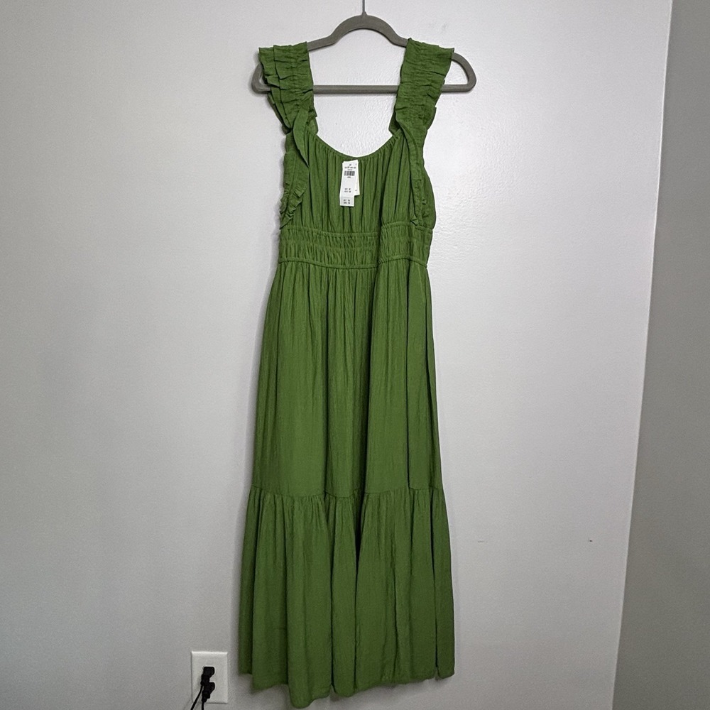 Abercrombie & Fitch Green Tiered Maxi Sundress Smocked Sz Large Coastal Boho NWT
